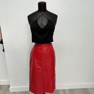Black Halter Crop Top & Red Leather Midi Skirt Set | Bold Night-Out Look